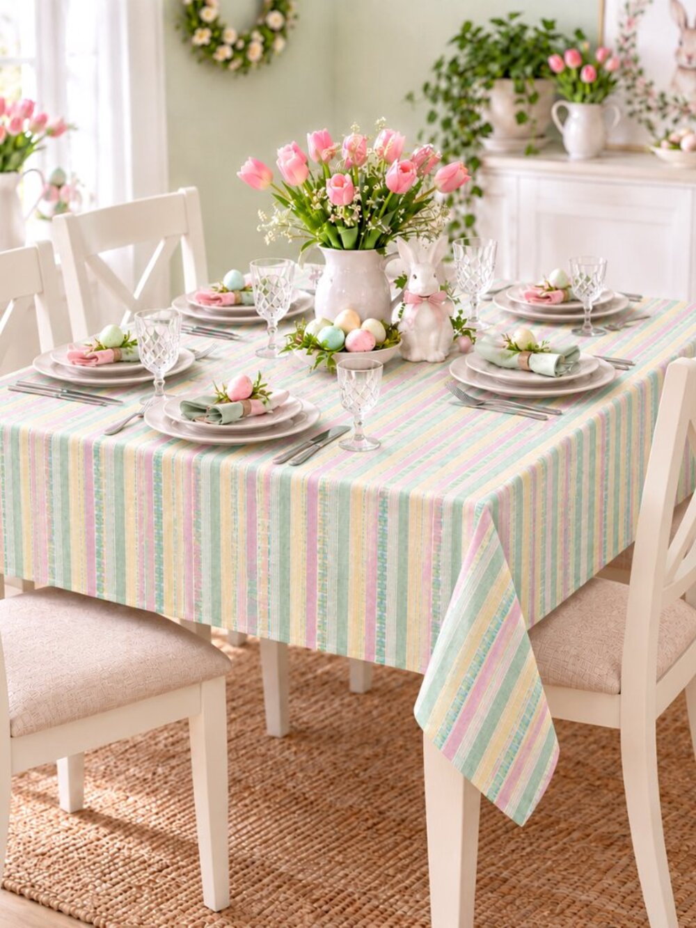 Colordrift Easter 60x120 Tablecloth Spring Stripe Garden Yellow Pink Green